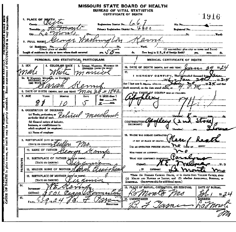 Death Certificate of Kemp, George Washington