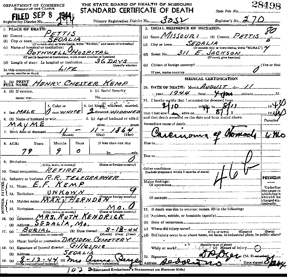 Death Certificate of Kemp, Henry Chester