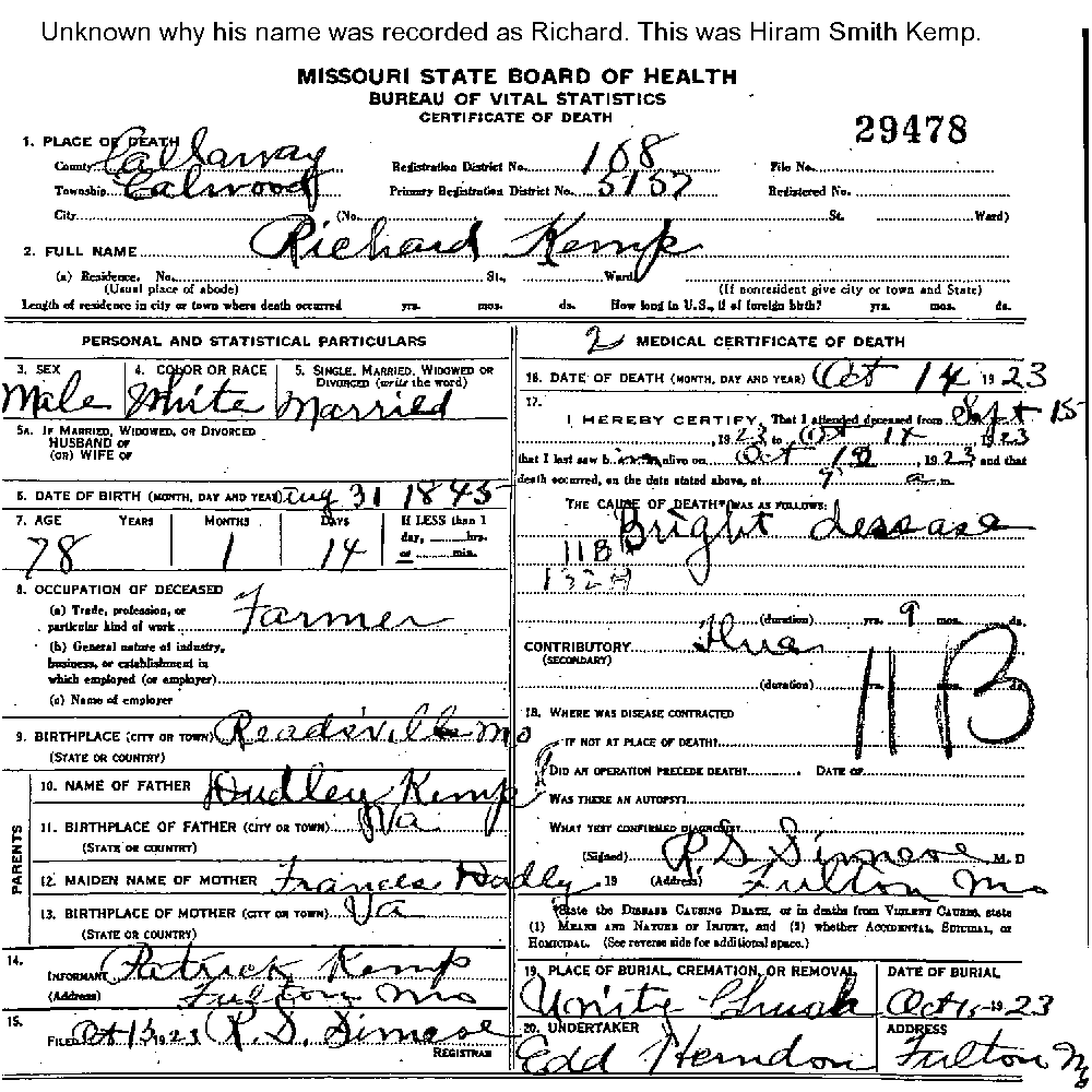 Death Certificate of Kemp, Hiram Smith