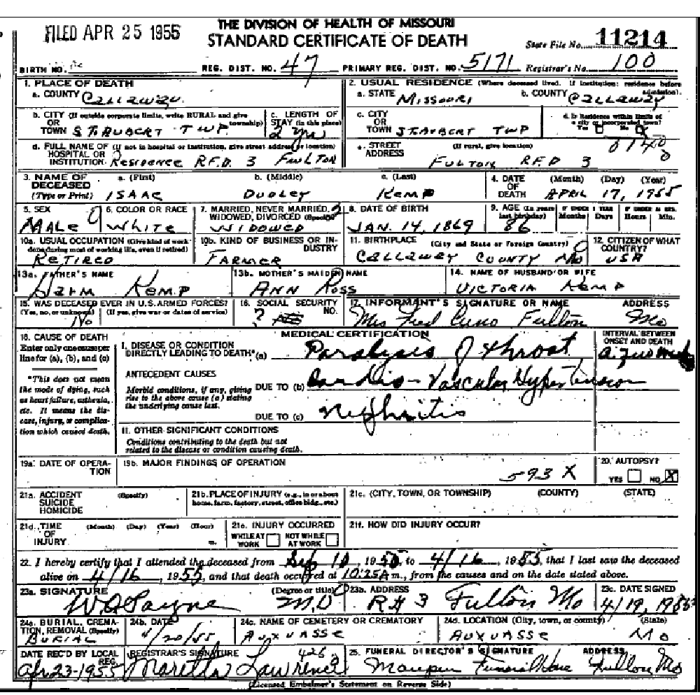 Death certificate of Kemp, Isaac Dudley