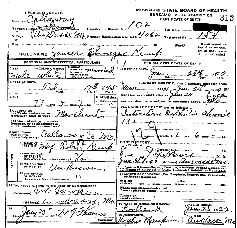 Death Certificate of Kemp, James Ebonezer