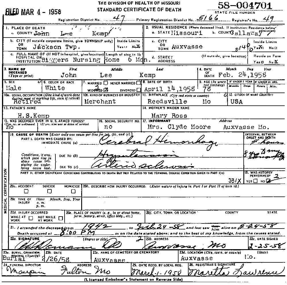 Death Certificate of Kemp, John Lee