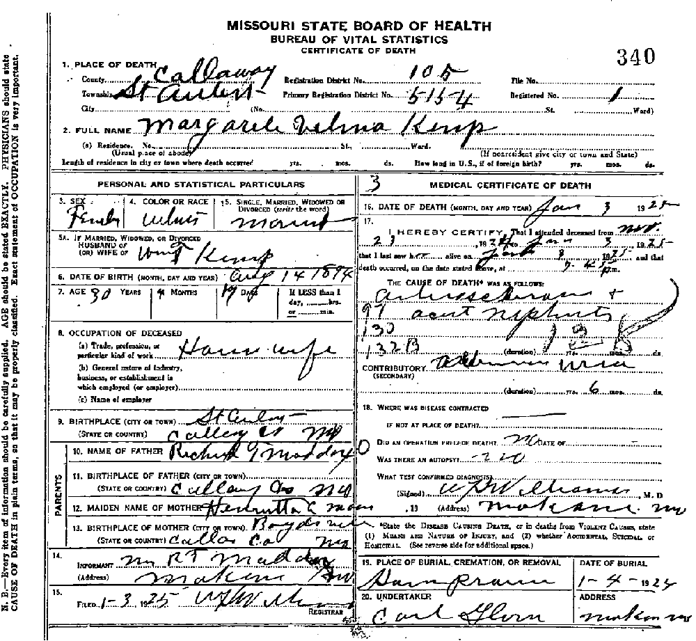 Death Certificate of Kemp, Margaret Velma Maddox