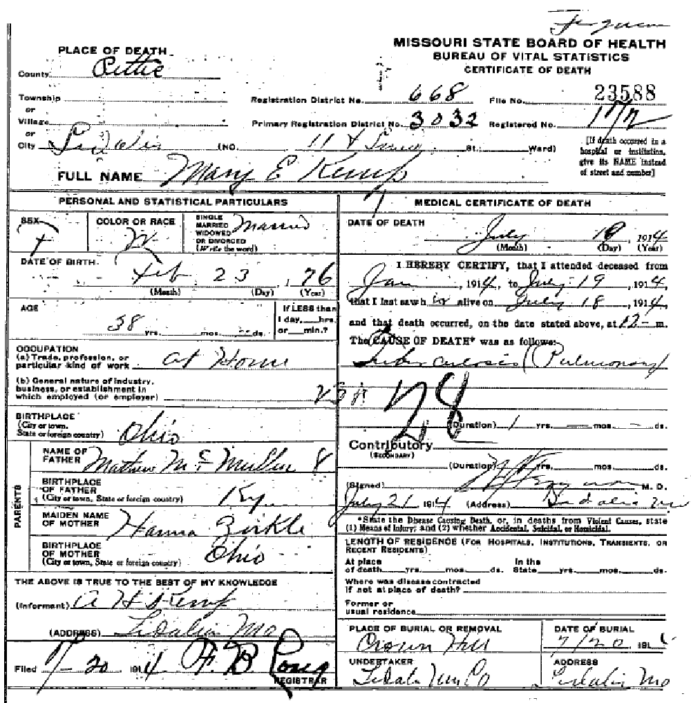 Death certificate of Kemp, Mary E. McMullins