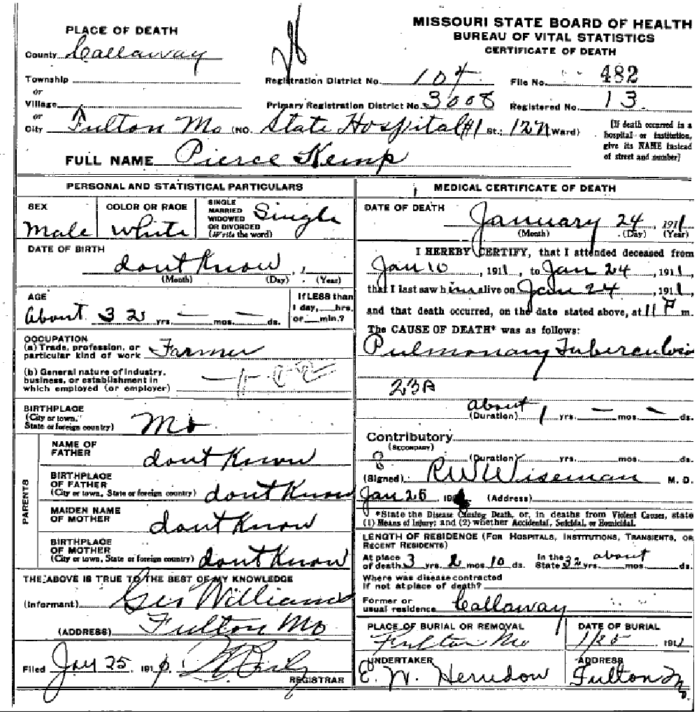 Death Certificate of Kemp, Pierce
