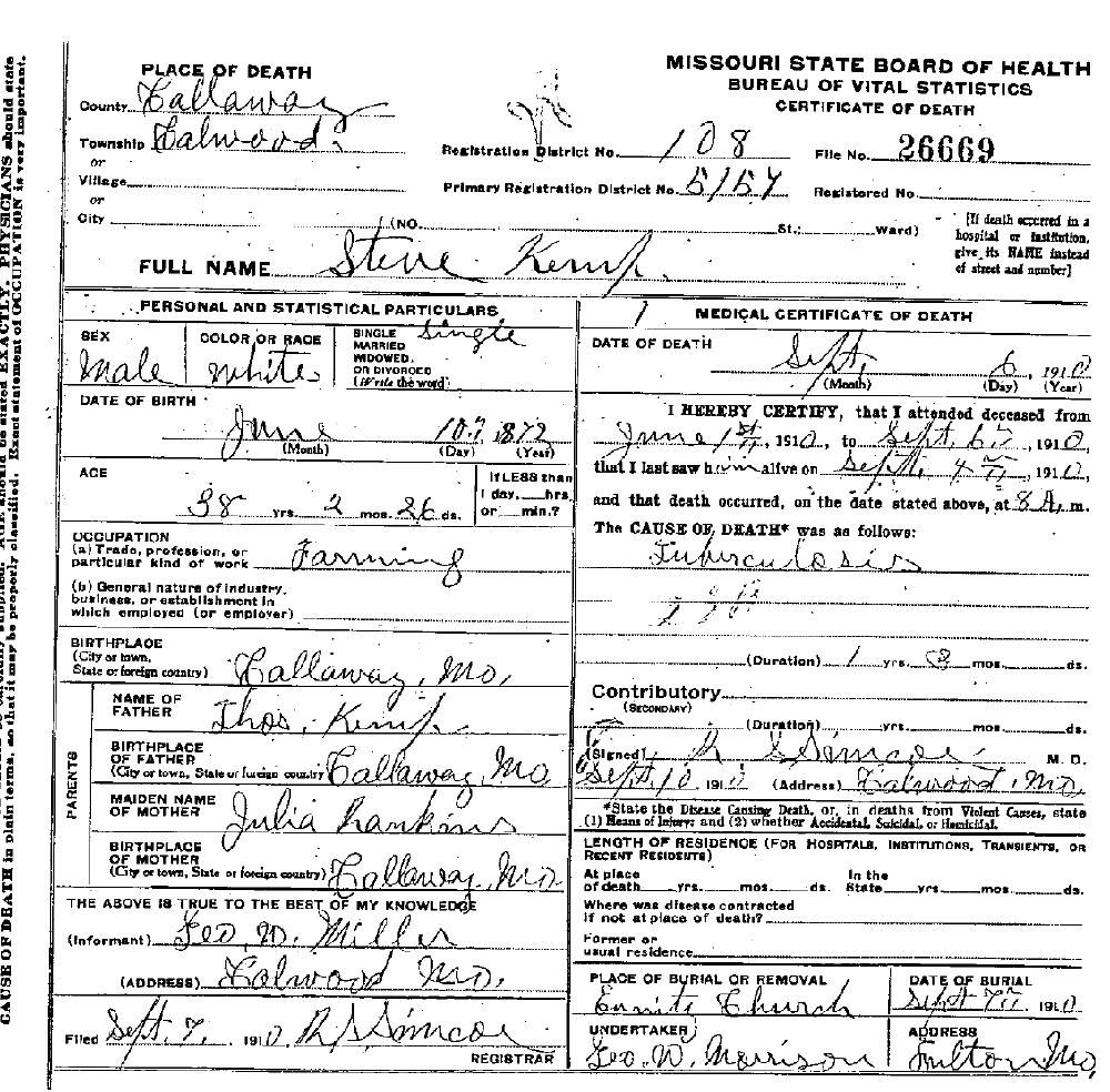 Death Certificate of Kemp, Steven