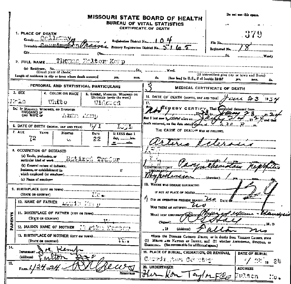 Death Certificate of Kemp, Thomas Walter