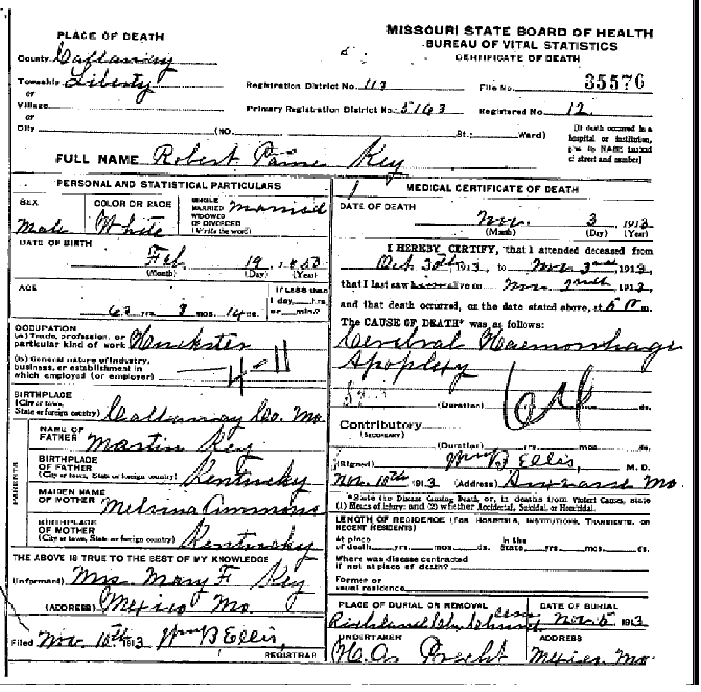 Death certificate of Key, Robert Payne