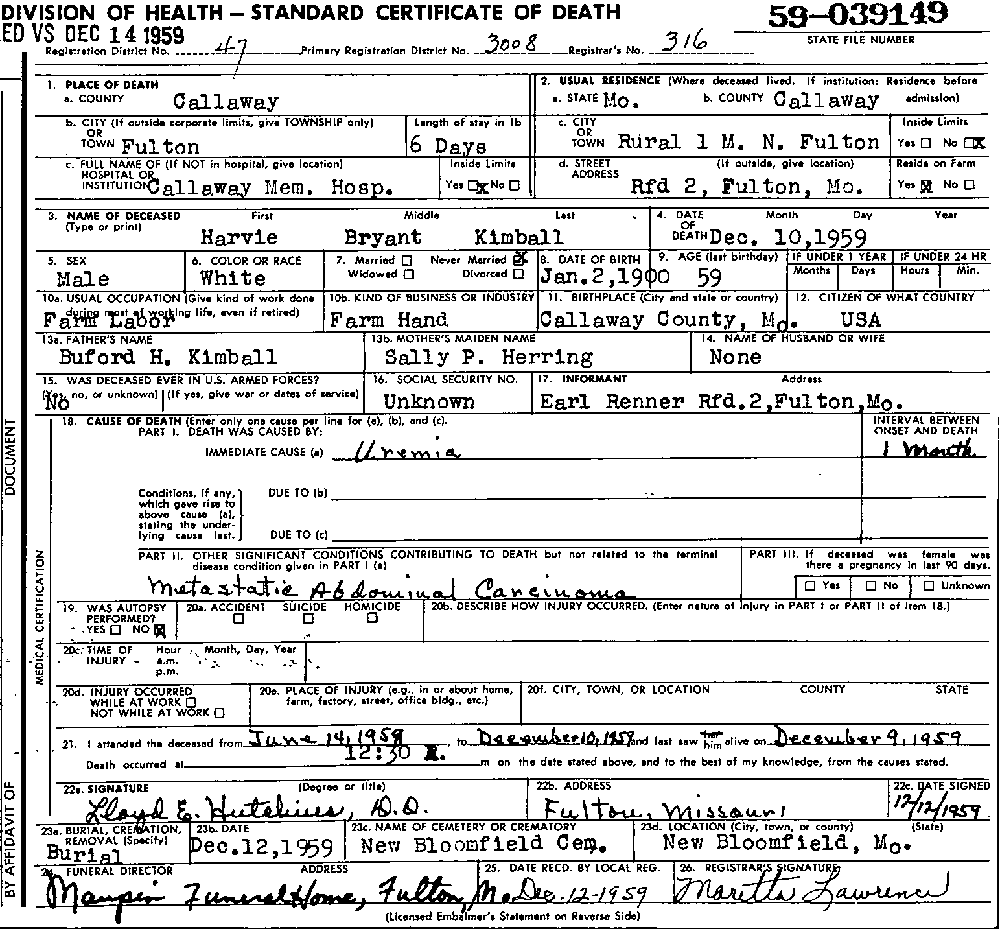 Death Certificate of Kimball, Harvie Bryant