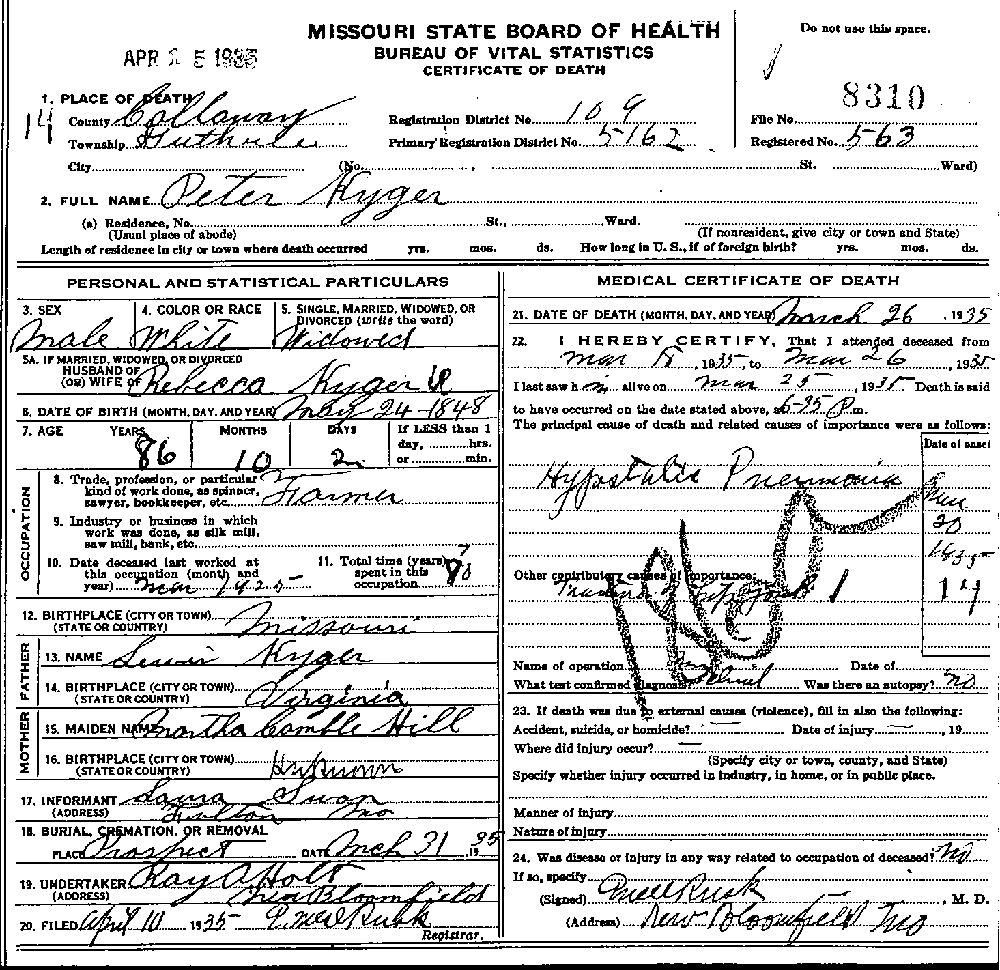 Death Certificate of Kyger, Peter
