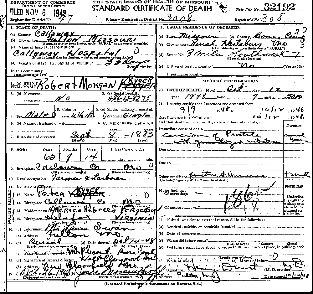 Death Certificate of Kyger, Robert Morgan