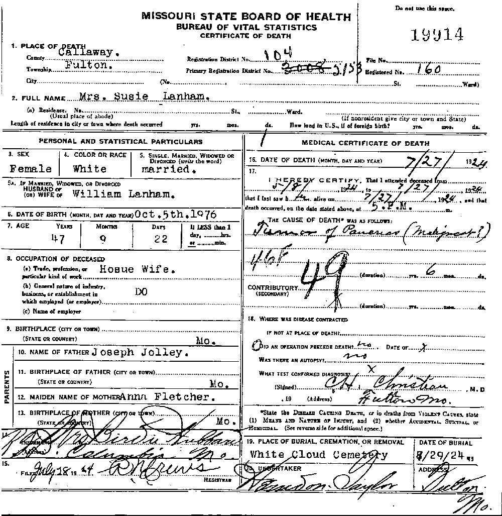 Death Certificate of Landham, Susan B. Jolly