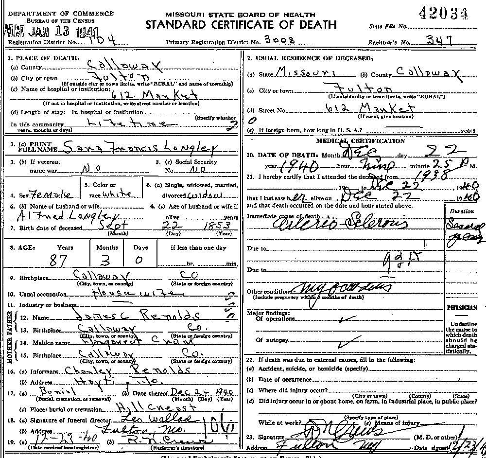Death Certificate of Longley, Sarah Francis Reynolds