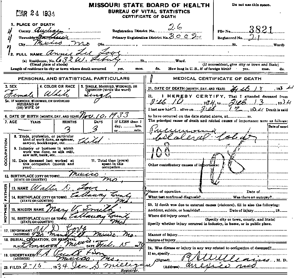 Death Certificate of Love, Annie Lee