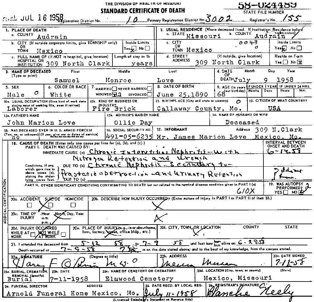 Death Certificate of Love, Samuel Monroe