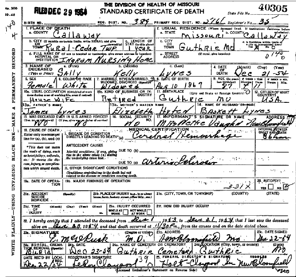 Death certificate of Lynes, Sally Kelly Lynes
