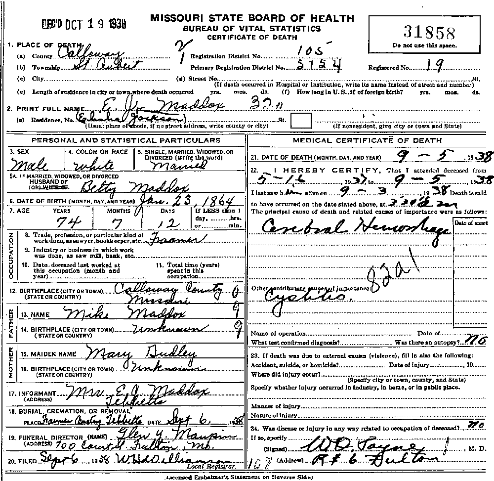 Death Certificate of Maddox, Elijah Jackson