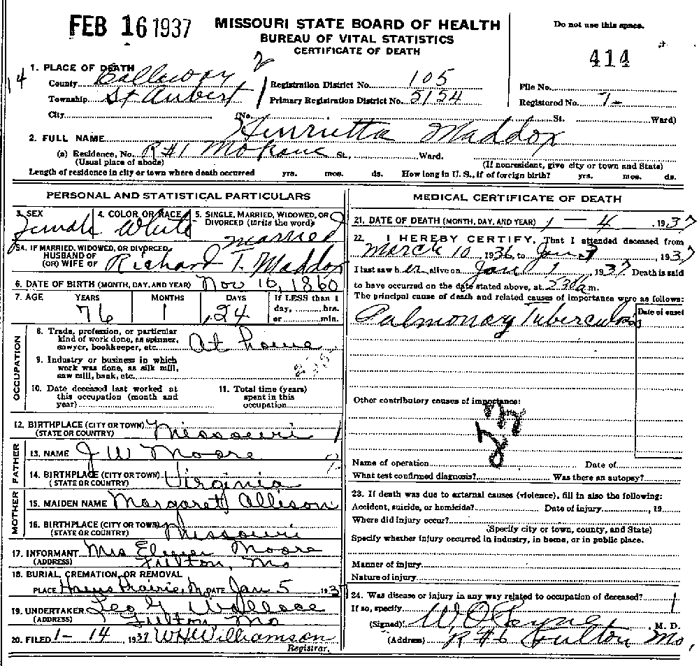 Death Certificate of Maddox, Henrietta Allison Moore