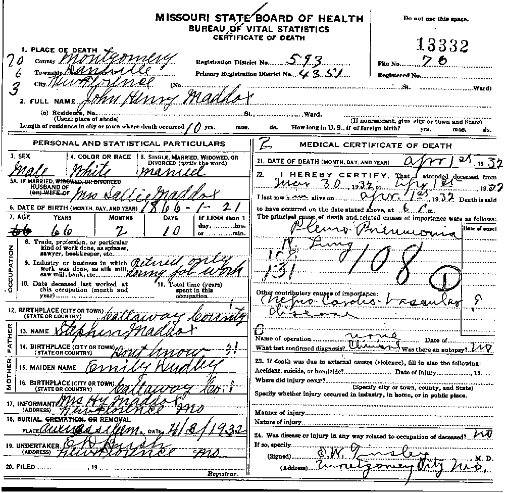 Death Certificate of Maddox, John Henry