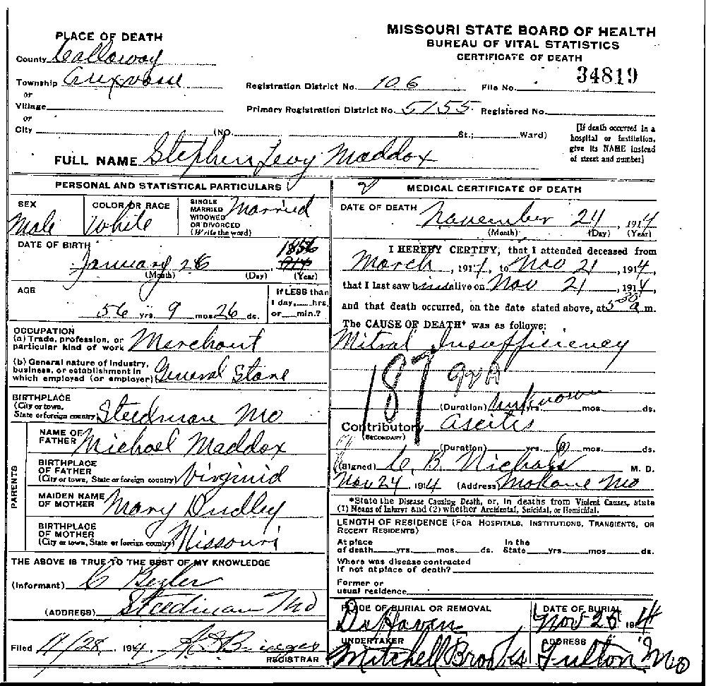 Death Certificate of Maddox, Stephen Levi