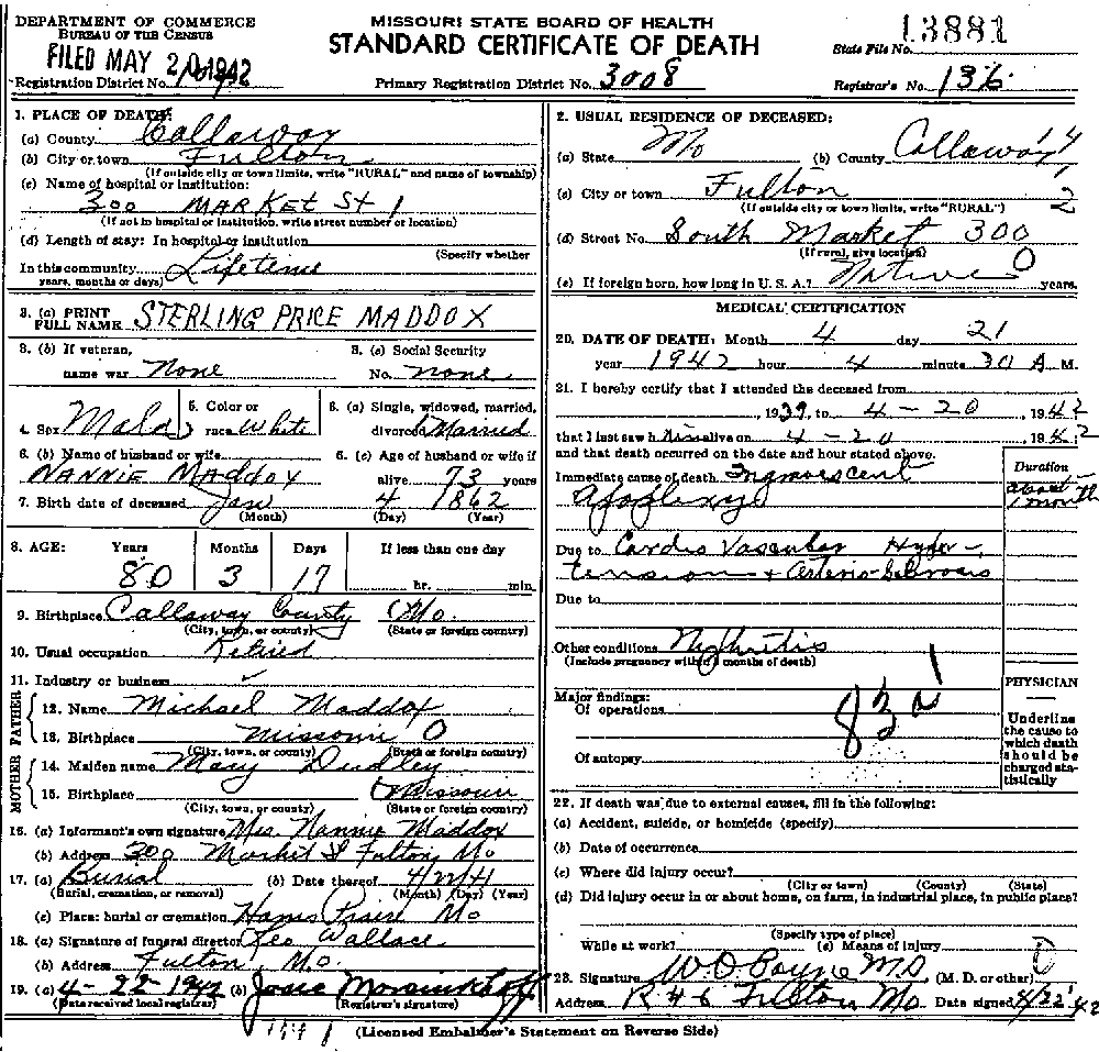 Death Certificate of Maddox, Sterling Price