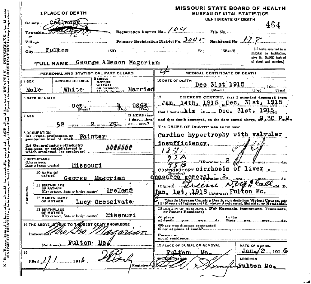 Death certificate of Magorian, George Aleson
