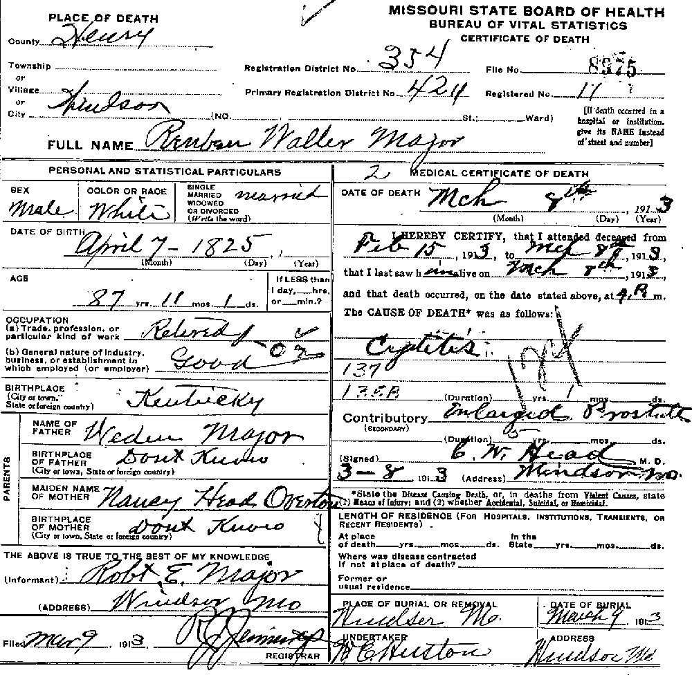 Death Certificate of Major, Reuben Waller