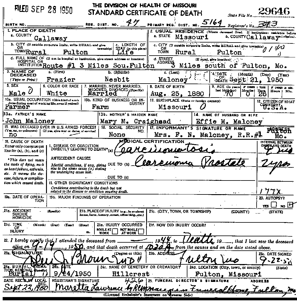 Death Certificate of Maloney, Frazier Nesbit