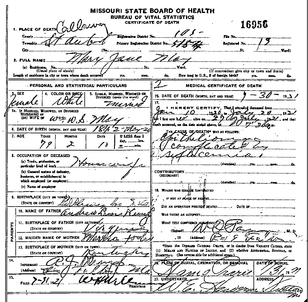 Death Certificate of May, Mary Jane Kemp