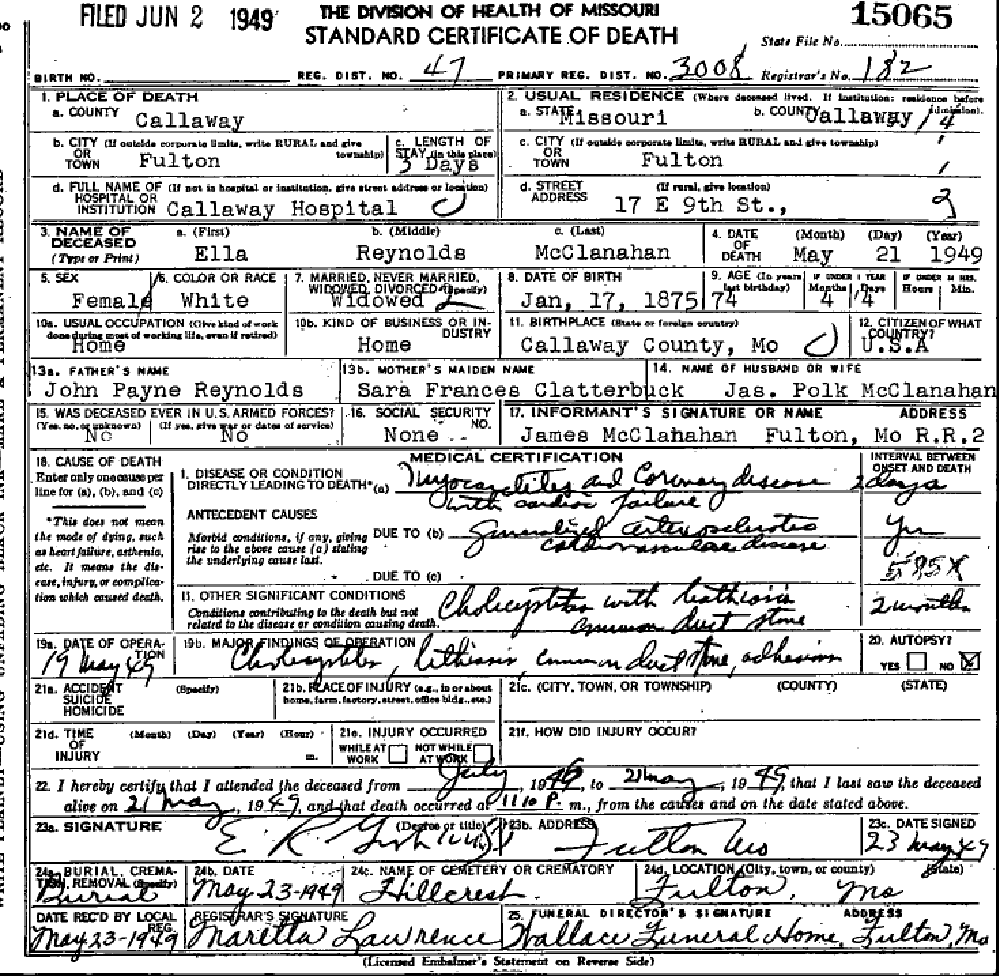 Death certificate of McClanahan, Ella Reynolds