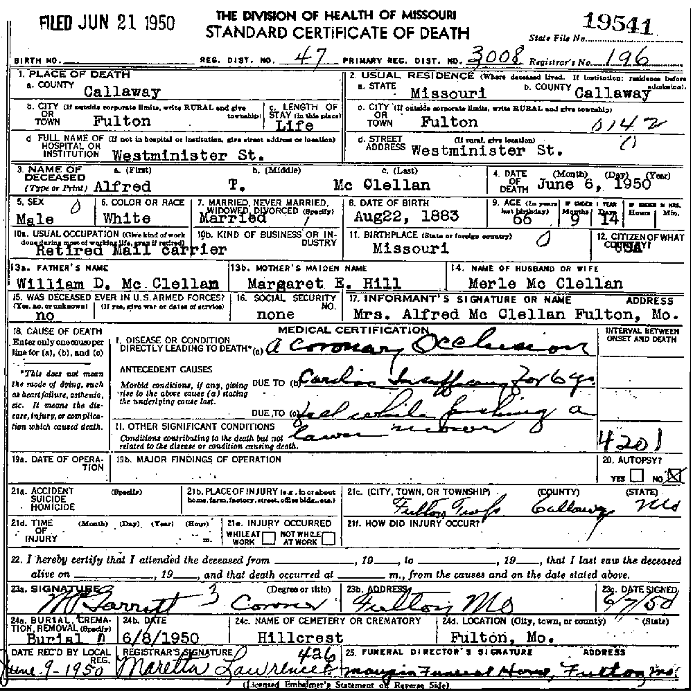 Death Certificate of McClellan, Alfred T.