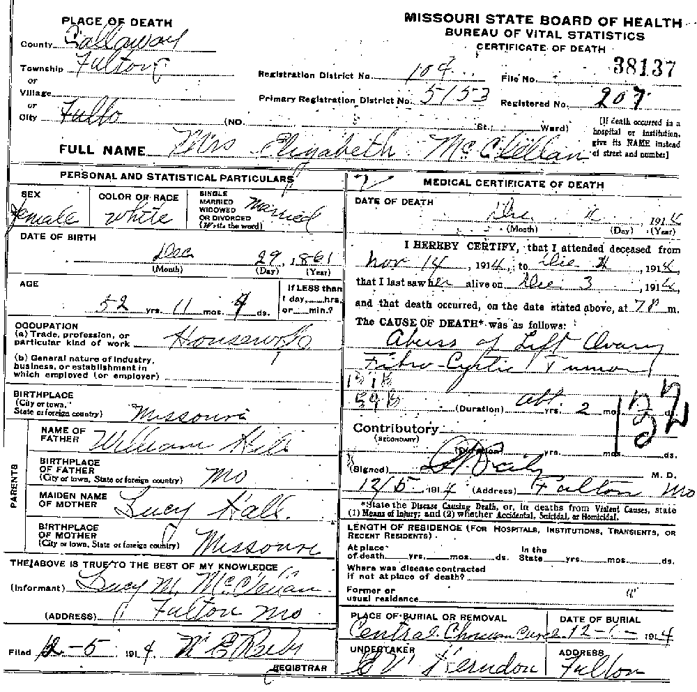 Death Certificate of McClellan, Margaret Elizabeth Hill
