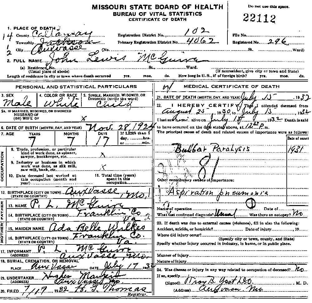 Death Certificate of McGuire, John Lewis