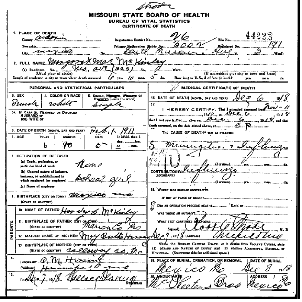 Death certificate of McKinley, Maragret Mae