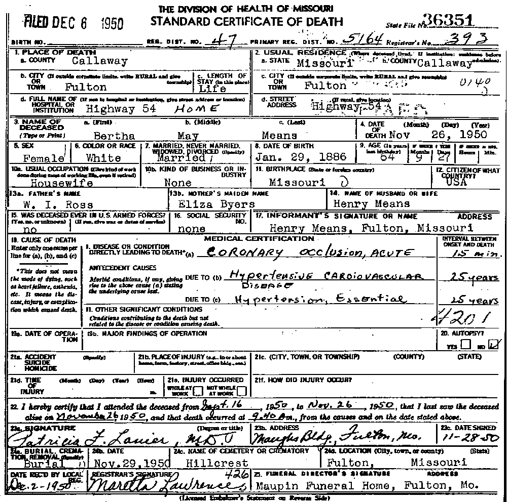 Death Certificate of Means, Bertha May Ross