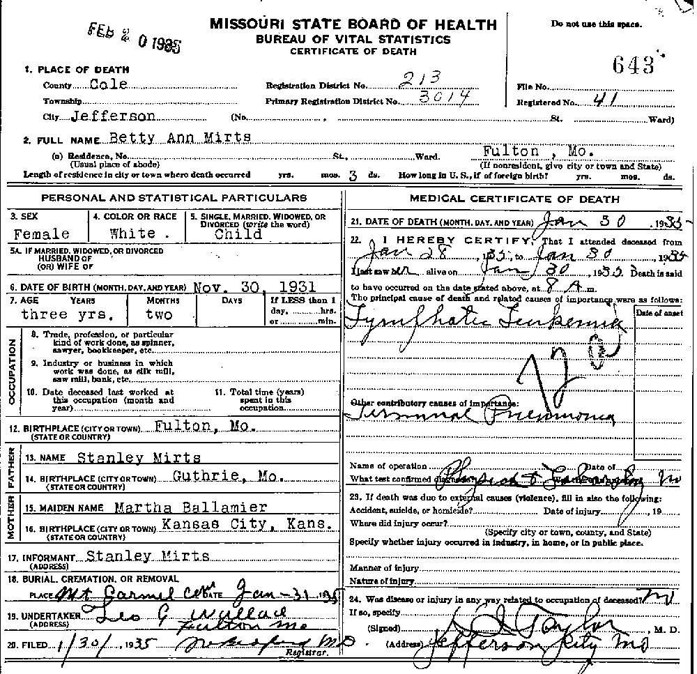 Death Certificate of Mirts, Betty Ann