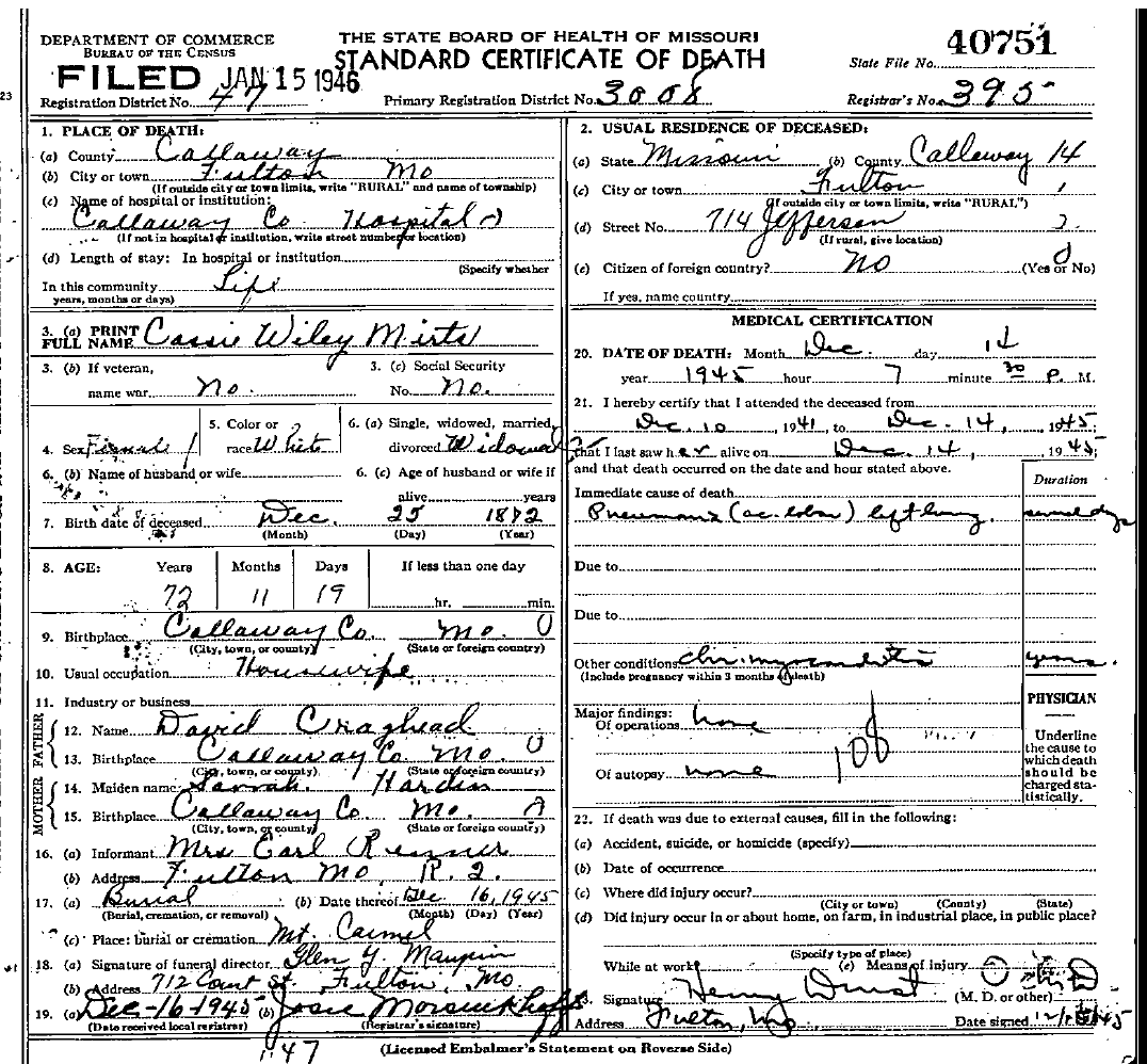 Death Certificate of Mirts, Cassie Wiley Craghead
