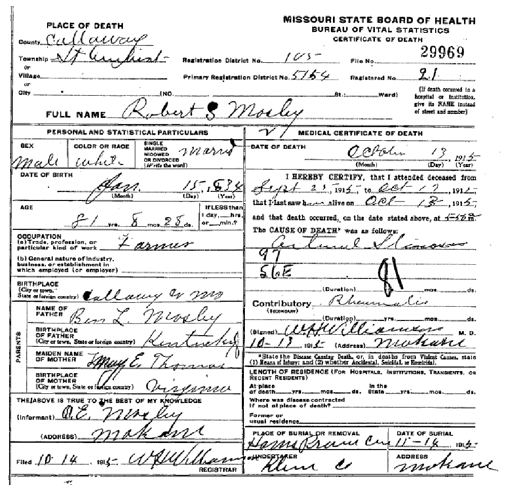Death certificate of Mosley, Robert S.