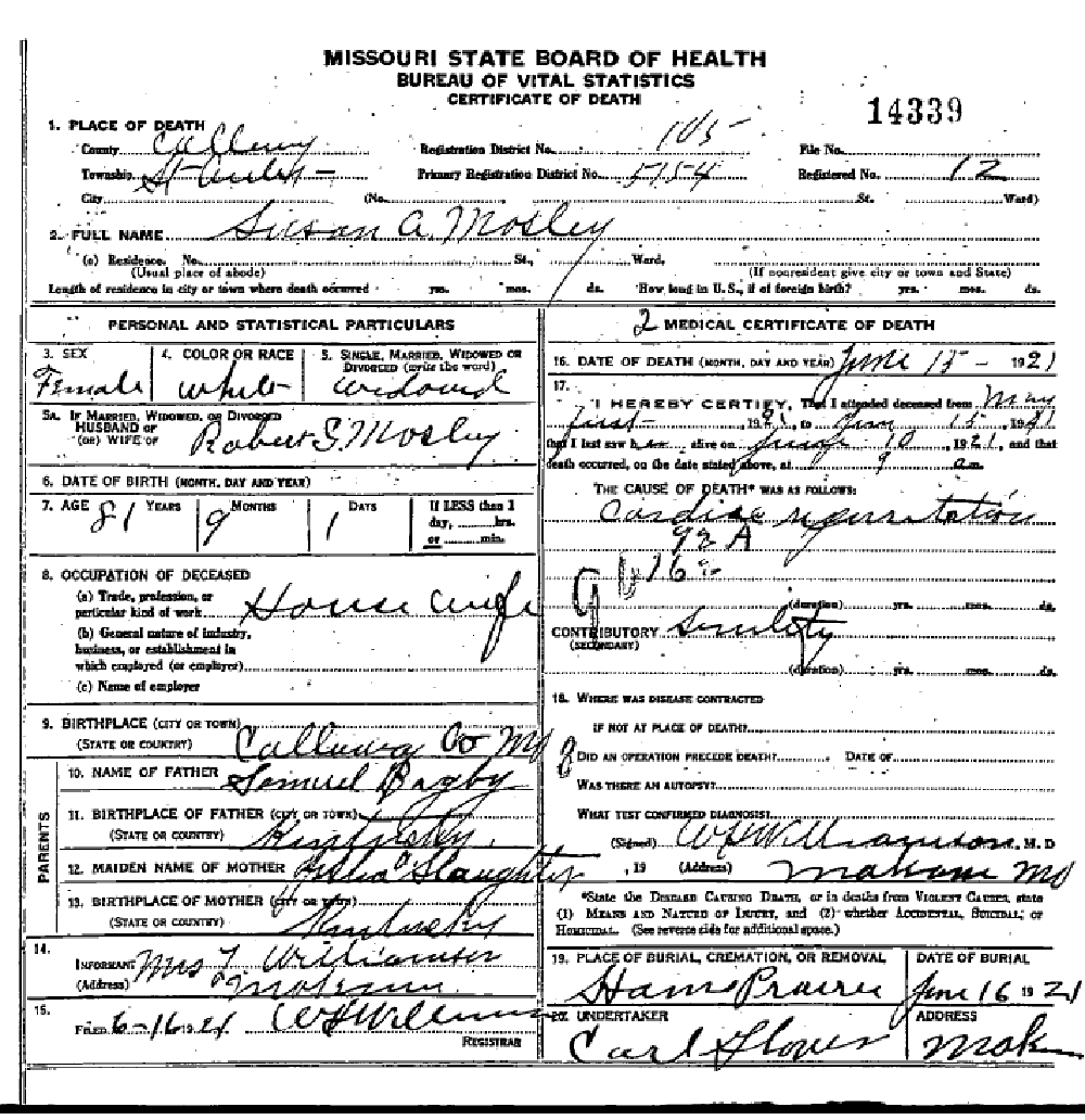 Death certificate of Mosley, Susan Bagby