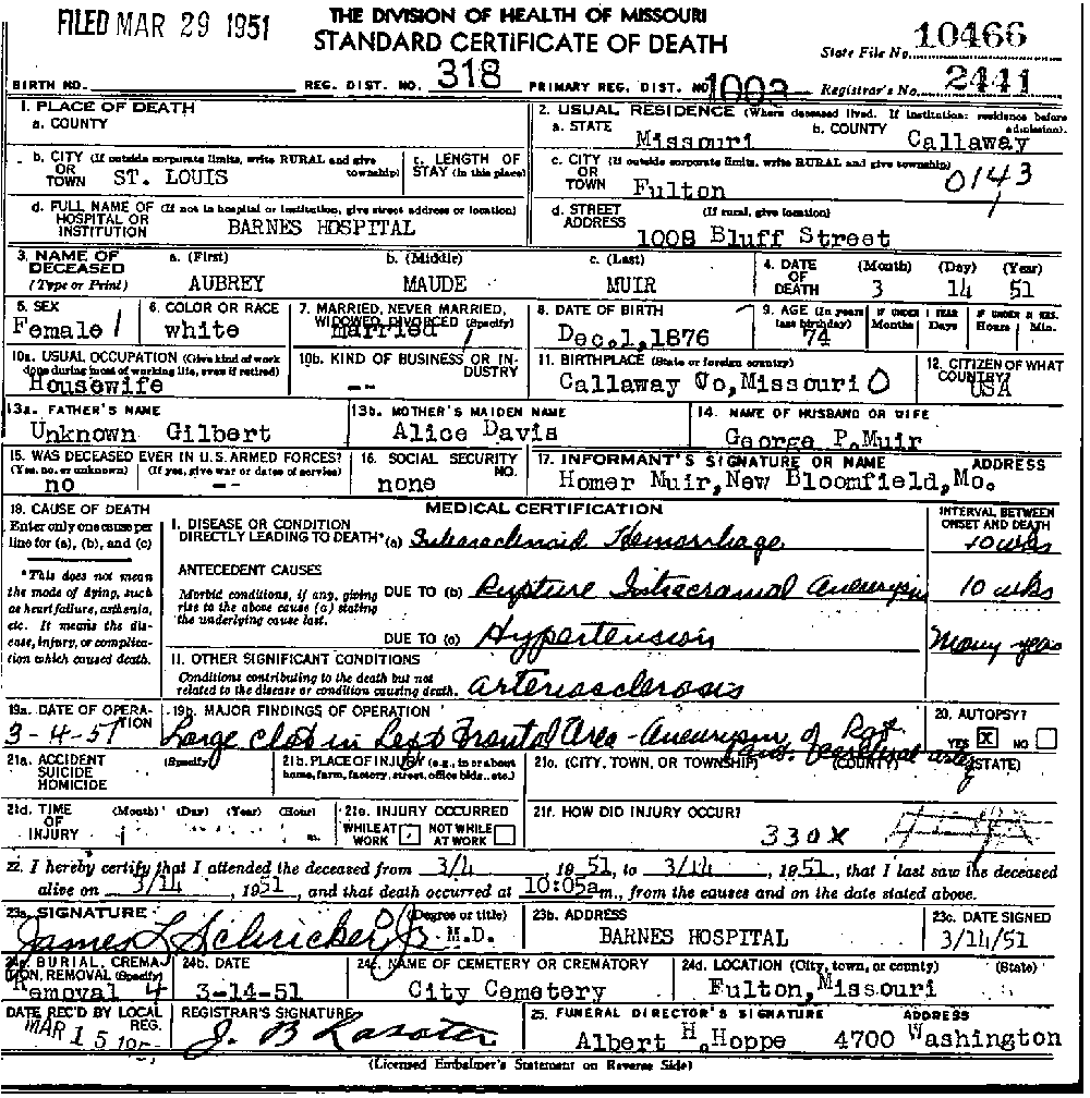 Death Certificate of Muir, Aubrey Maud Gilbert