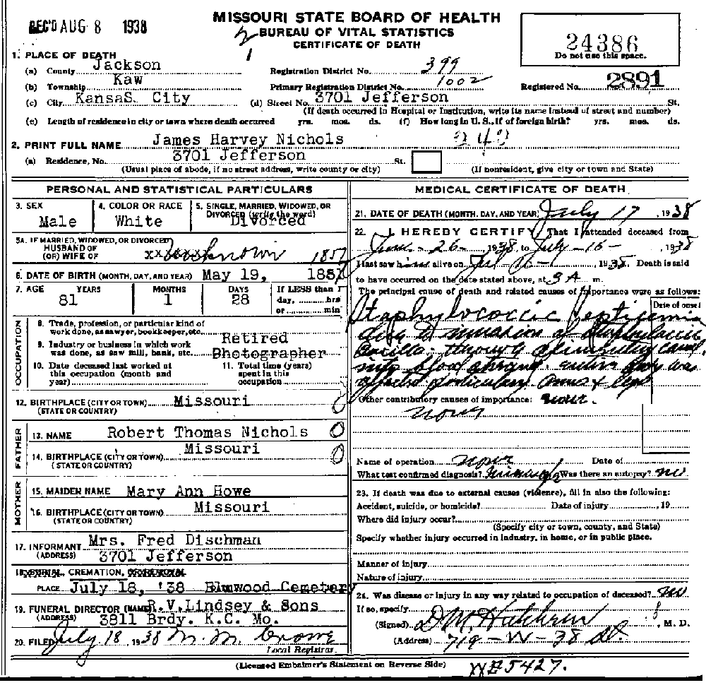 Death Certificate of Nichols, James Harvey