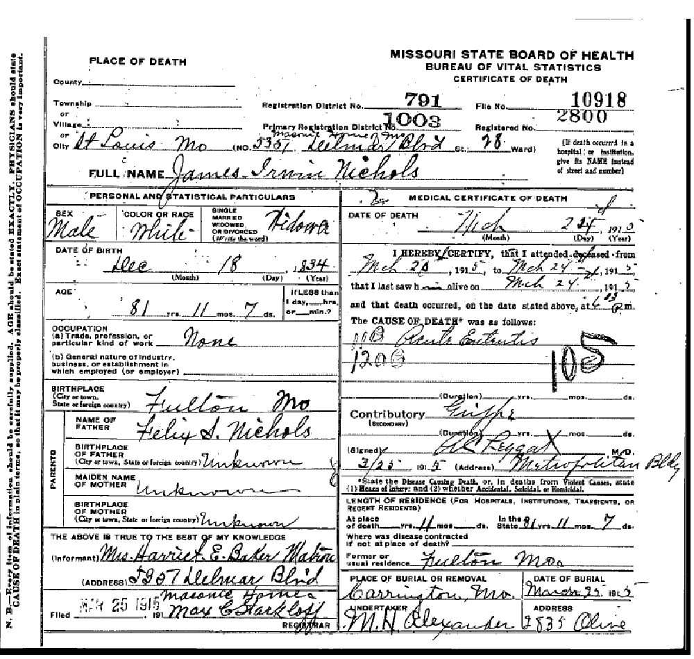 Death certificate of Nichols, James Irwin