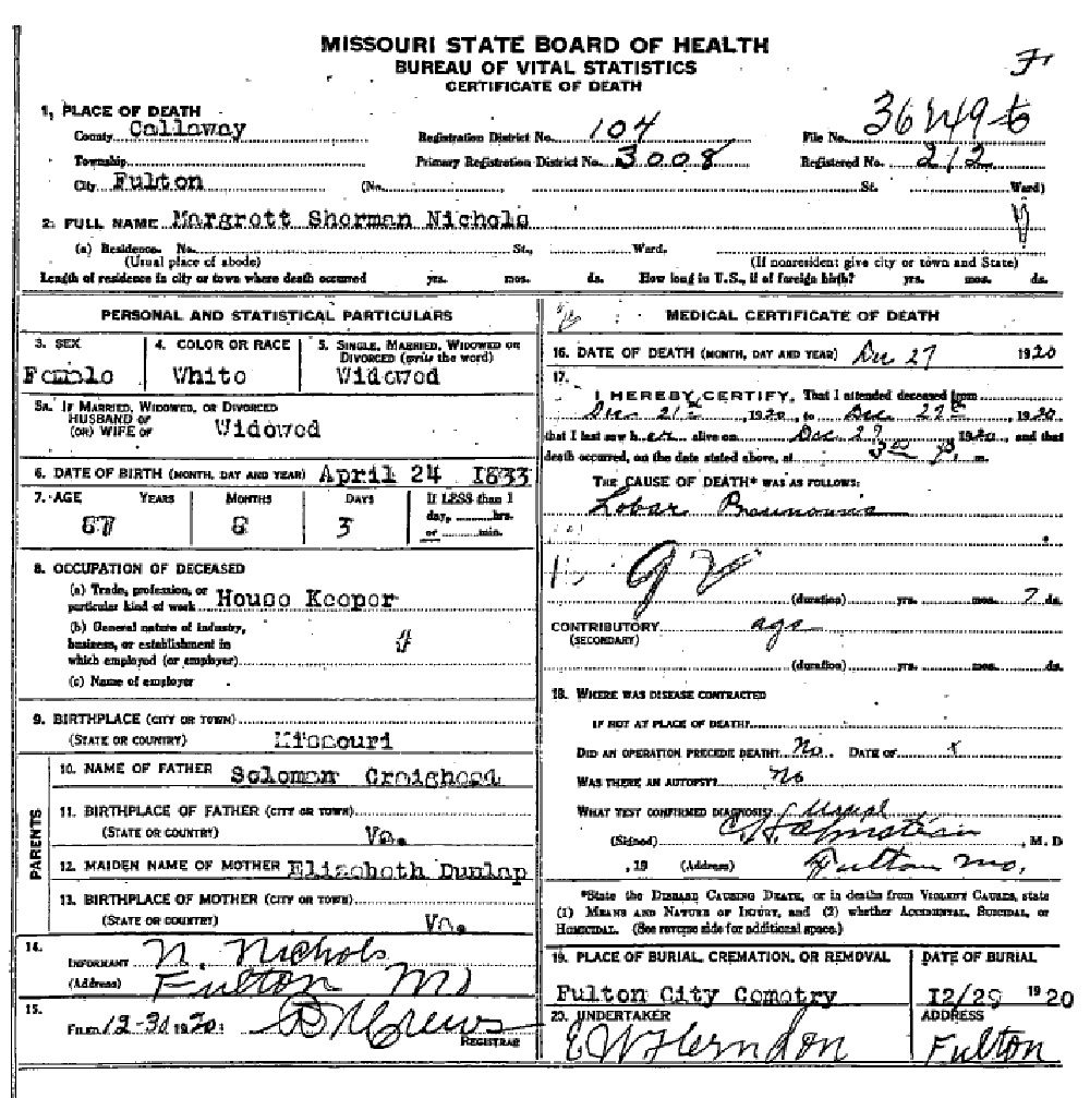 Death certificate of Nichols, Margaret Sherman Craghead