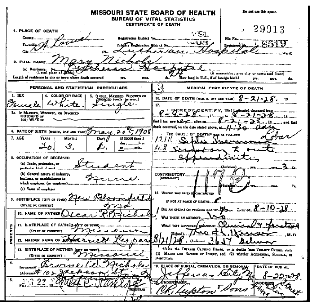 Death certificate of Nichols, Mary Kathryn