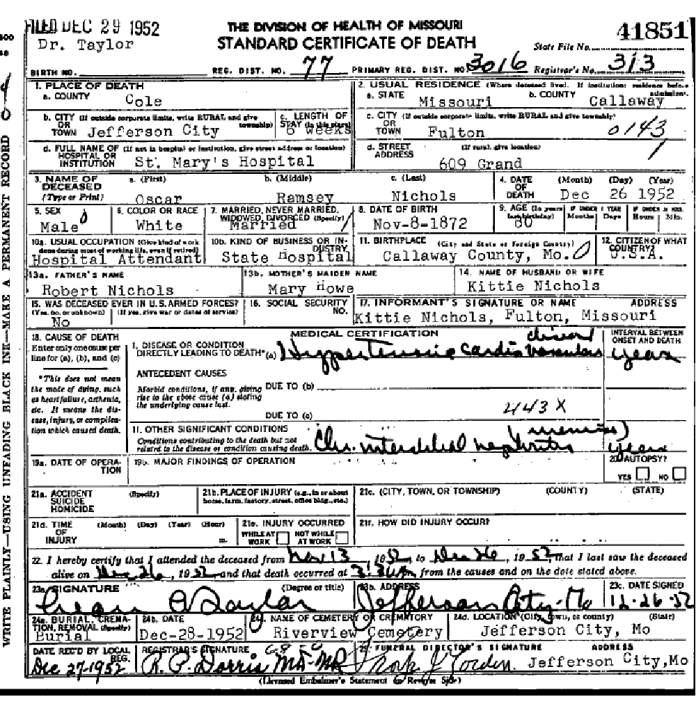 Death certificate of Nichols, Oscar Ramsey