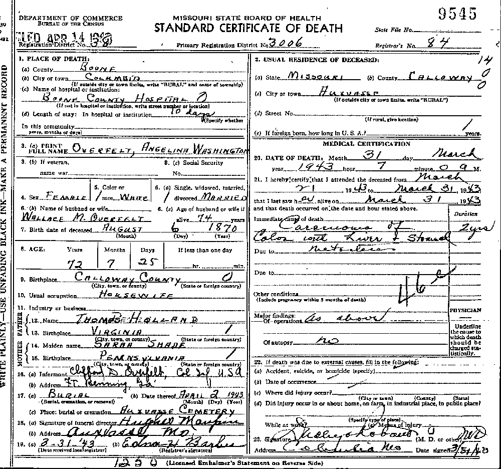 Death Certificate of Overfelt, Angelina W. Holland