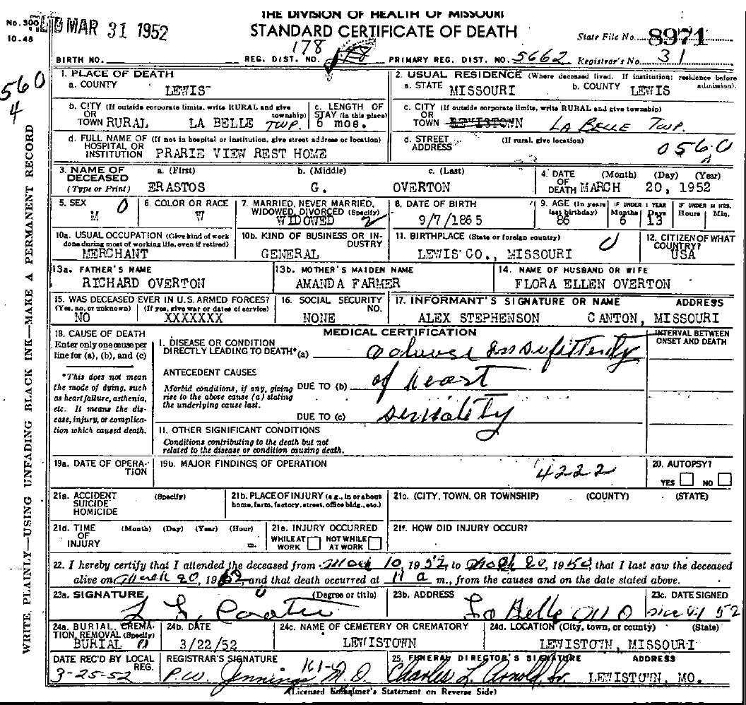 Death Certificate of Overton, Erastus G.