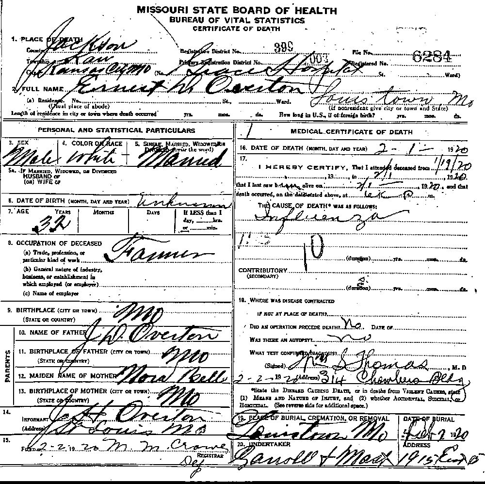 Death Certificate of Overton, Ernest D.