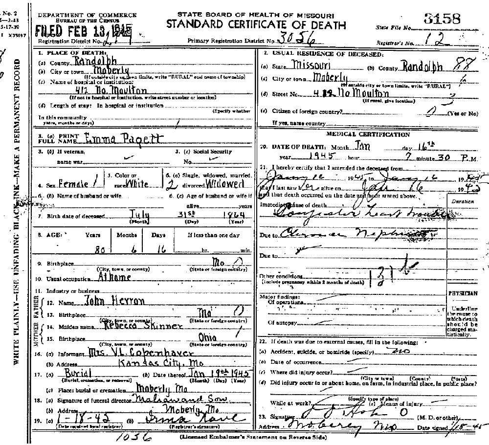 Death Certificate of Pagett, Emma W. Herring