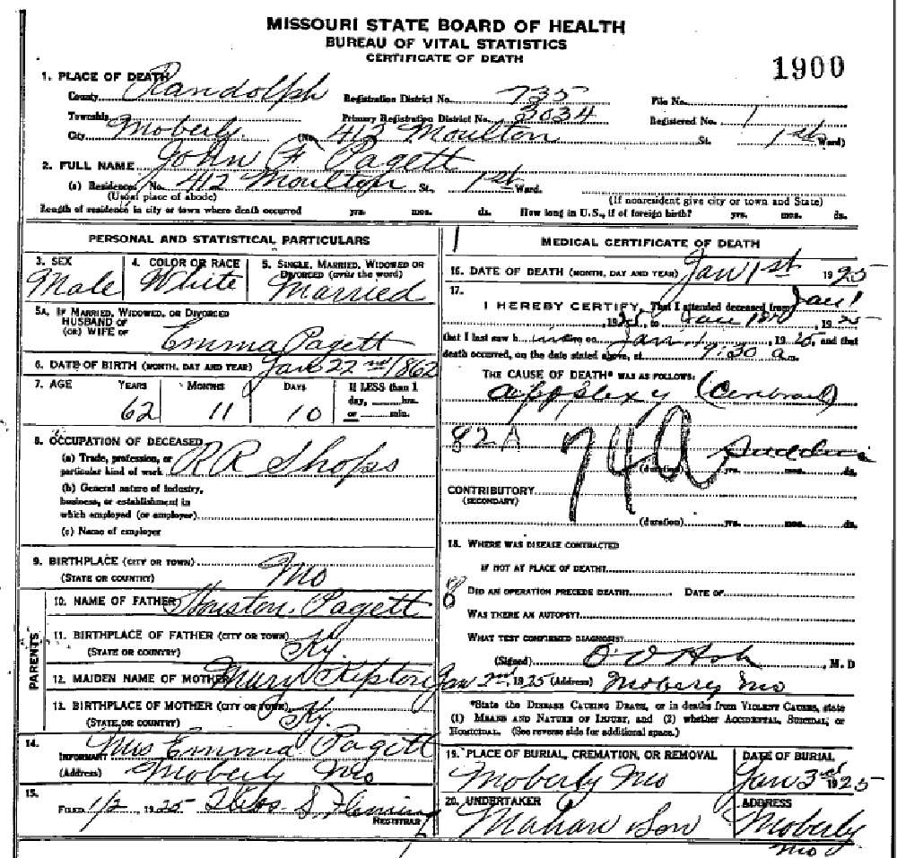 Death certificate of Pagett, John F.